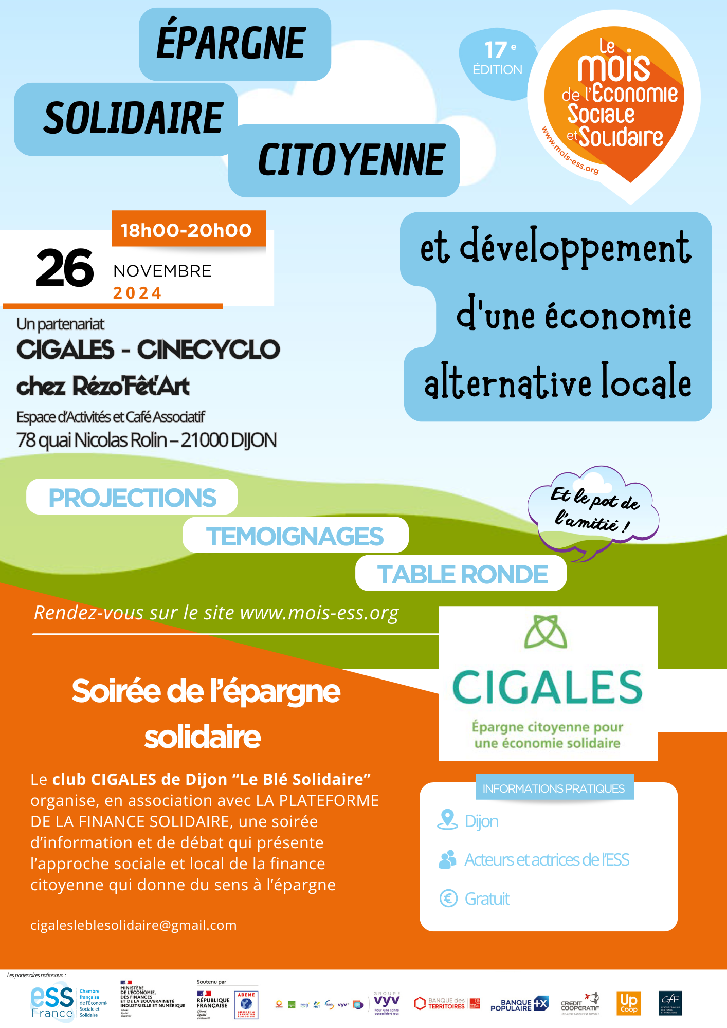 L'épargne citoyenne solidaire peut-elle être un des leviers du changement économique pour une forme d'économie engagée, durable et responsable ? Vous êtes curieux de comprendre ce qu'est la finance solidaire ? Vous avez envie d'échanger et de débattre de ces sujets de société avec des acteurs de terrain ? Vous avez besoin de témoignages et d'exemples de réalisations concrètes , cette soirée est pour vous. RV le 26/11 à 18h chez Rézo'FêtArt avec "Le blé solidaire" pour une belle soirée consacrée à l'ESS.