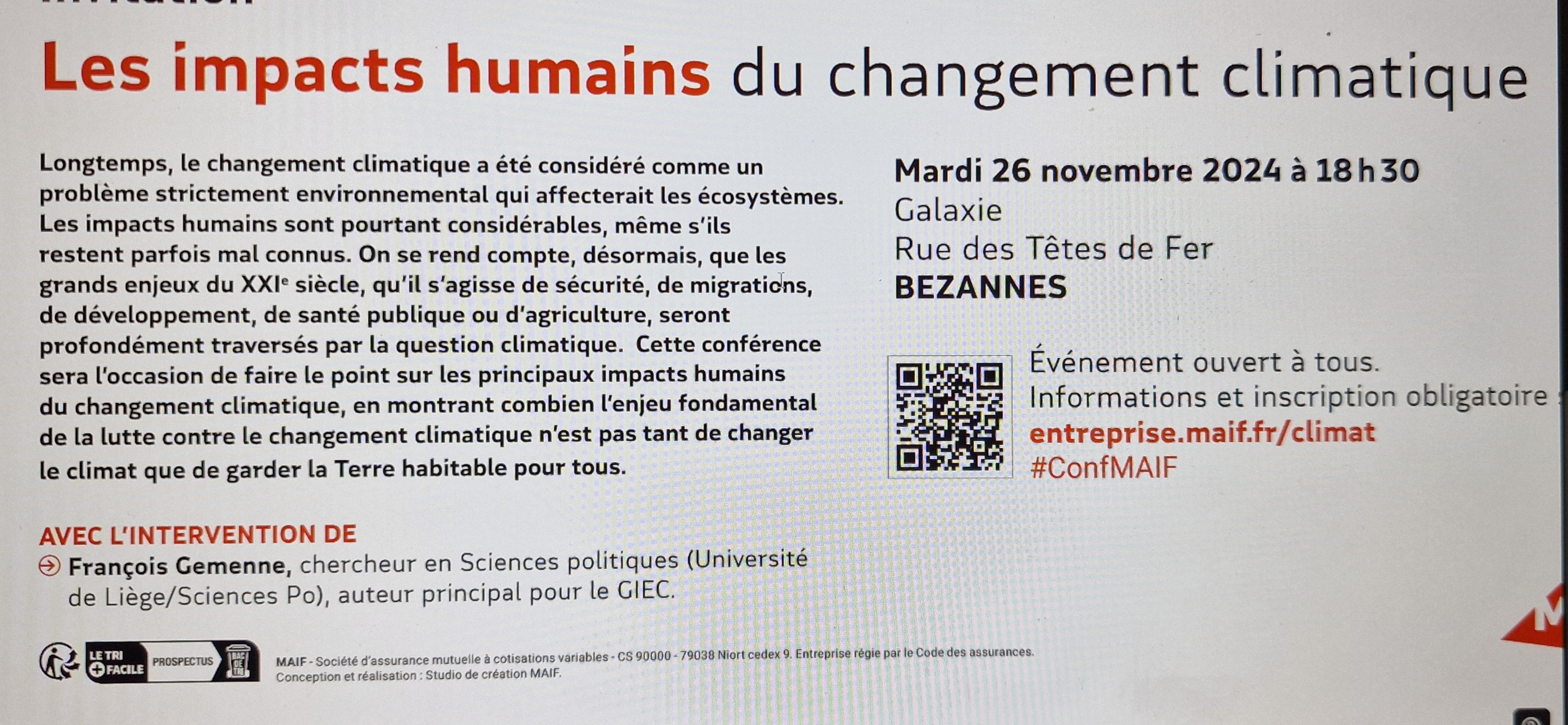 conférence François Gemenne, les impacts humains du changement climatique