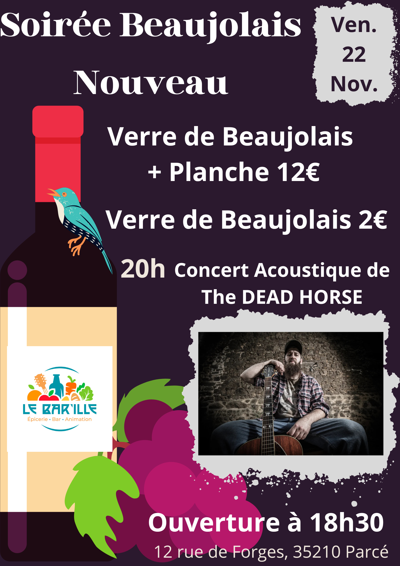 Soirée Beaujolais Nouveau au Bar'ille Parcé + Concert Acoustique The DEAD HORSE