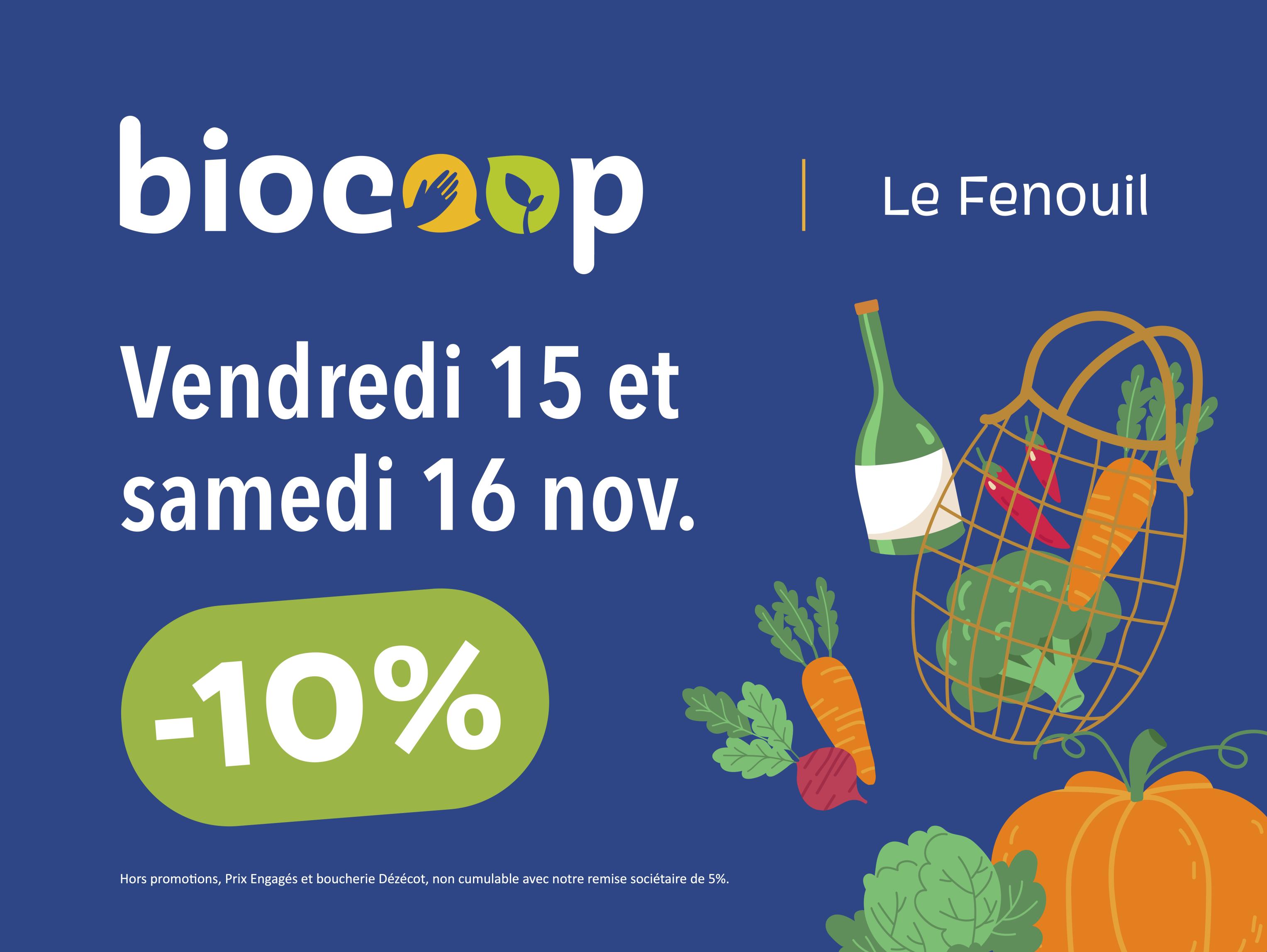 Texte blanc sur fond bleu marine : vendredi 15 et samedi 16 novembre, -10% au Fenouil Biocoop ; dessin de panier de légumes de saison (courge, chou, carotte) à droite de l'image