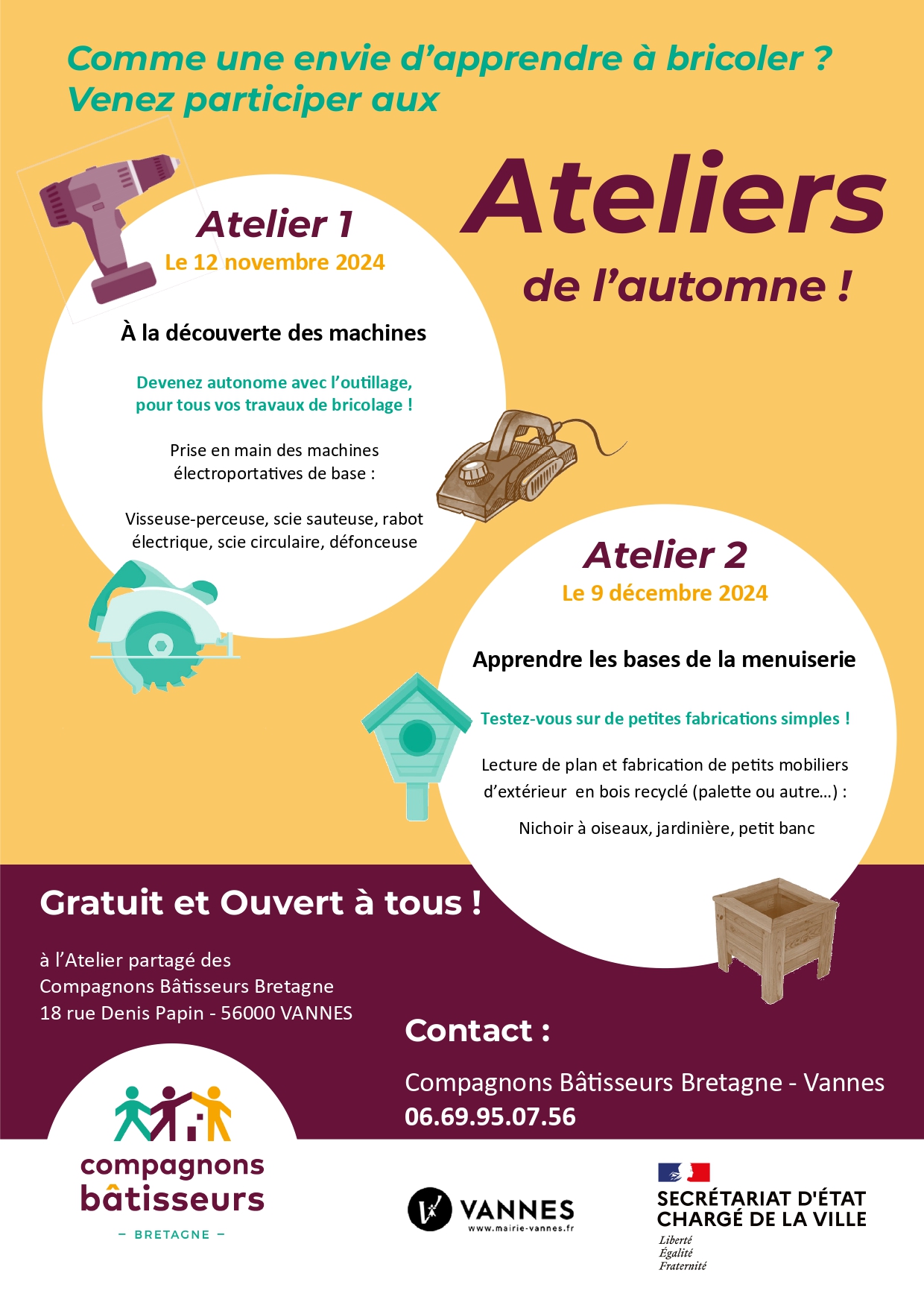 Ateliers de l'Automne: envie de bricoler: découverte des machines, apprendre les bases de la menuiserie, Testez-vous sur de petites fabrications simples ! Lecture de plan et fabrication de petits mobiliers d’extérieur en bois recyclé (palette ou autre…)