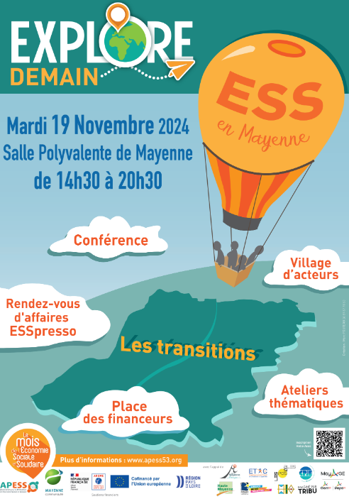 Affiche de l'événement Explore demain, avec unt montgolfière estampillée ESS volant au-dessus de Département de la Mayenne