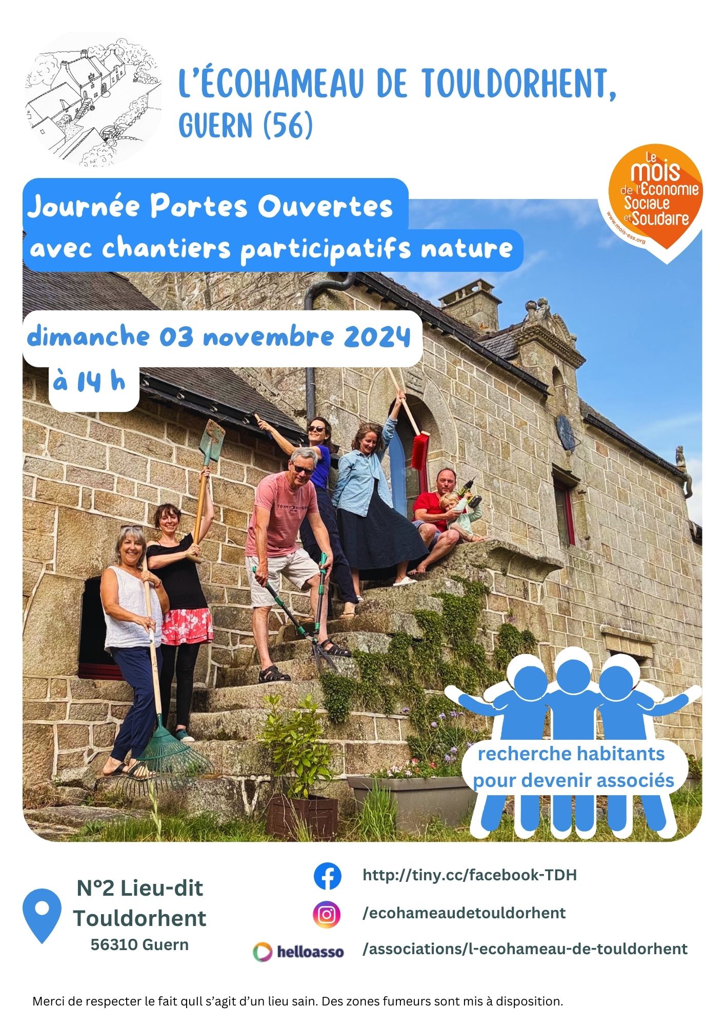 Journée Portes Ouvertes Venez assister à 14h à la présentation par une visite guidée de l'habitat participatif intergénérationnel L'Écohameau de Touldorhent, Le lieu recherche actuellement des habitants, souhaitants devenir associés. Ensuite nous allons faire des petits chantiers participatifs (niveau facile à moyen) pour passer un moment convivial en nature - retirer le lierre des murs des habitations : délierrer et délirer ensemble :) - apporter foin et croquettes aux chèvres et moutons gourmands 