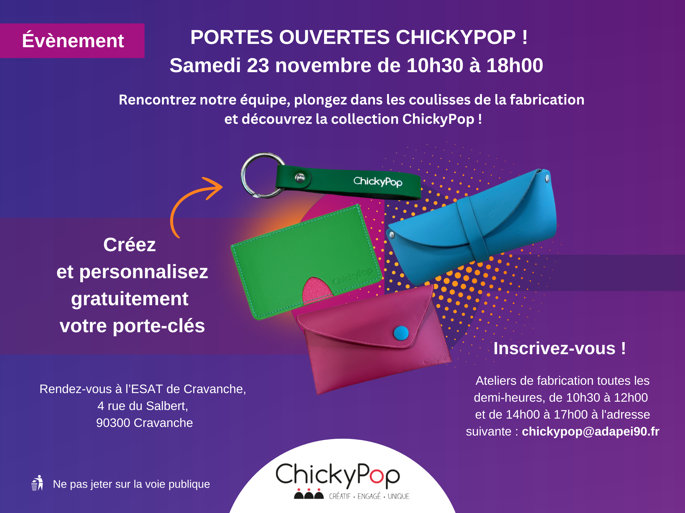 Portes ouvertes ChickyPop, le samedi 23 novembre 2024 de 10h30 à 18h. Rencontrez notre équipe, plongez dans les coulisses de la fabrication de l'atelier maroquinerie et découvrez la collection ChickyPop de petits accessoires. 