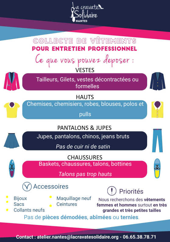 Ce que vous pouvez déposer : vestes, hauts, pantalons, robes, jupes, chaussures, accessoires (ceintures, bijoux, maquillage neuf).