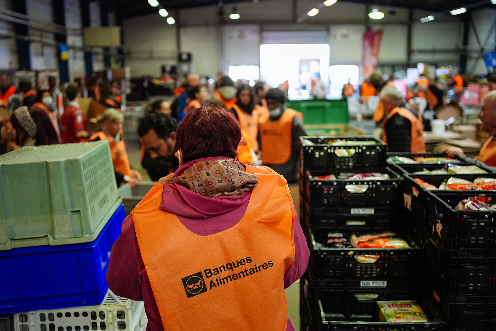 bénévoles au centre de tri de la grande collecte de la banque alimentaire de toulouse