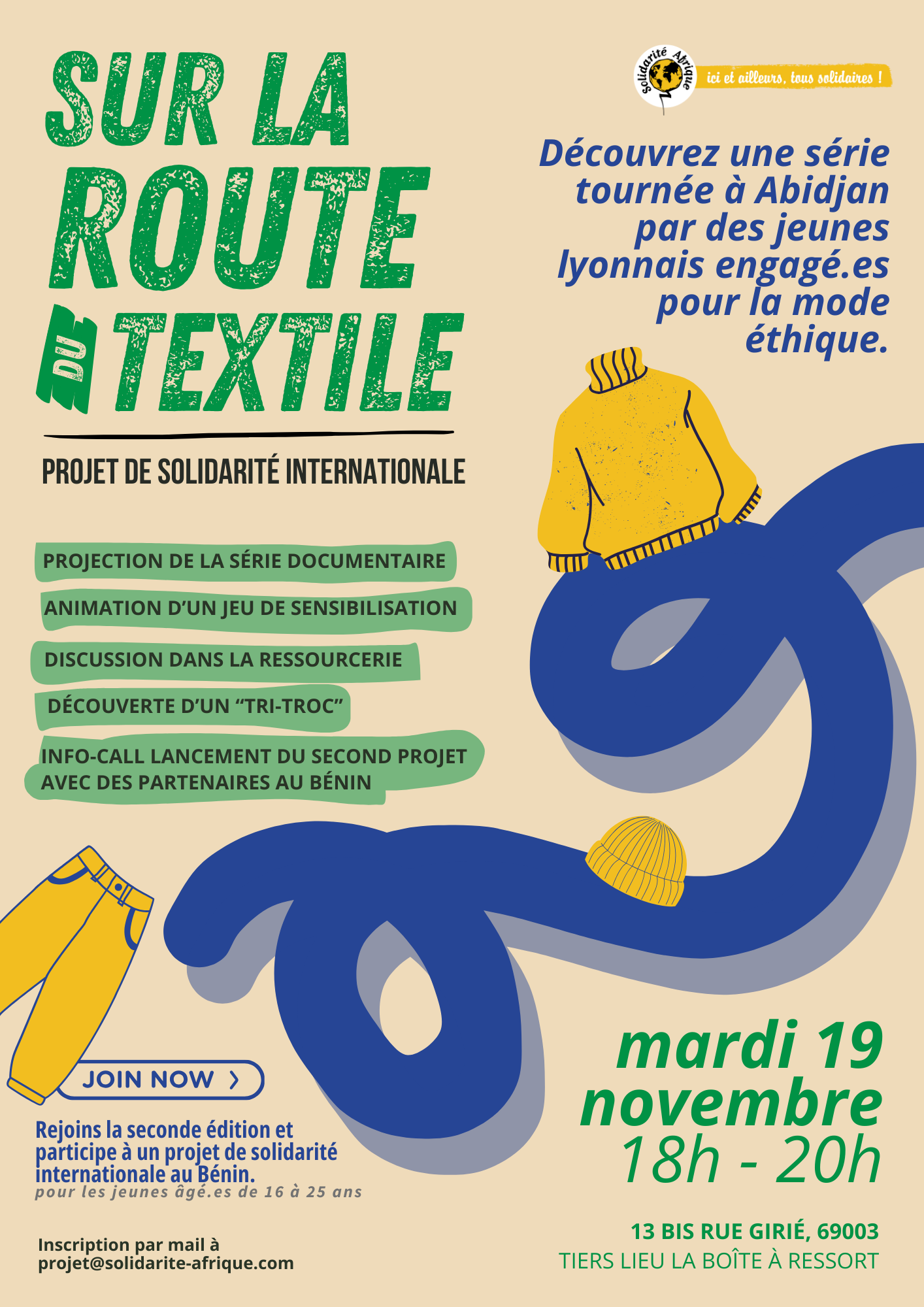 Découvrez une série documentaire tournée à Abidjan par un groupe de jeunes engagé.es pour la mode éthique, sur les impacts de la surconsommation textile. Au programme de la série : découverte de la série, jeu de sensibilisation, tri-troc, discussion dans la ressourcerie. Nous présenterons également la seconde phase du projet avec des partenaires aux Bénin, alors rejoignez l'aventure. pour participer inscrivez-vous à : projet@soldiarite-afrique.com